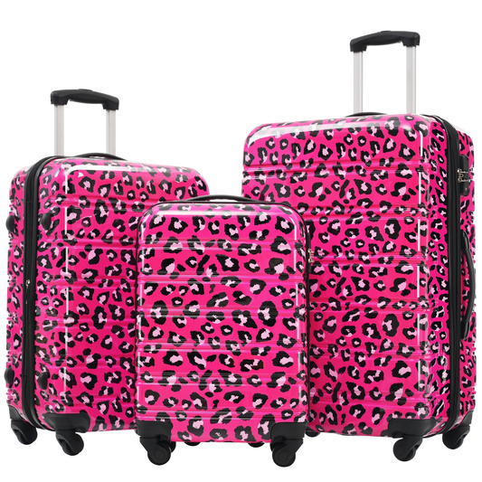 EUROCO 3PCS Luggage Sets(20"/24"/28"),Expandable PC Durable Hardshell Lightweight Suitcase Sets with TSA Lock and 360 Silent Spinner Wheels,Hot Pink Leopard