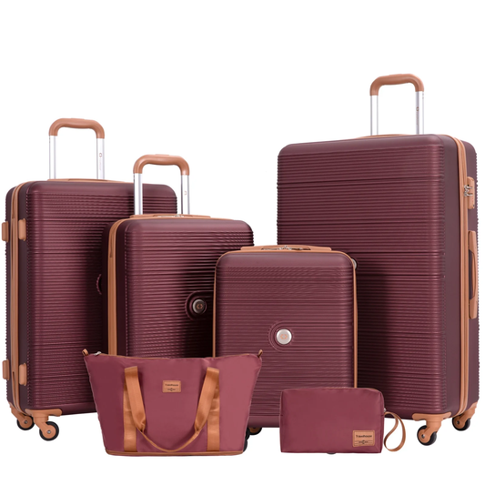 Travelhouse 6 Piece Hardshell Luggage Set Hardside Lightweight Suitcase with TSA Lock Spinner Wheels.(Wine Red)