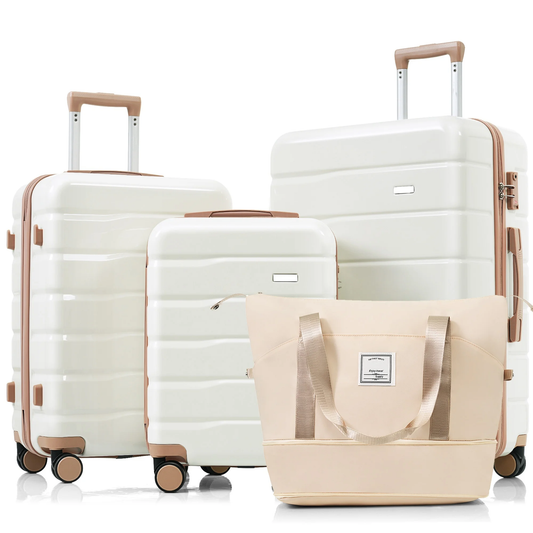 EUROCO 4 Piece Luggage Sets,ABS Hardside Carry On Suitcase with Expandable Travel Bag, TSA Lock, Side hooks and 4 Spinner Wheels,20"/24"/28",Ivory