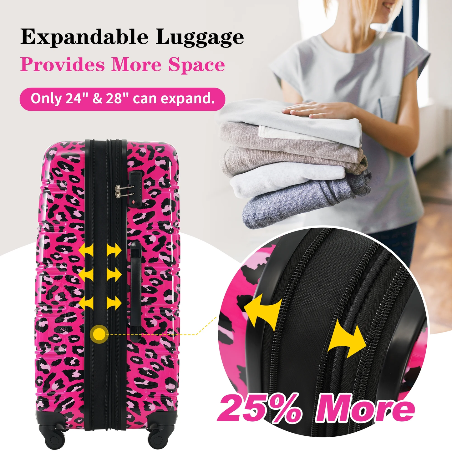 EUROCO 3PCS Luggage Sets(20"/24"/28"),Expandable PC Durable Hardshell Lightweight Suitcase Sets with TSA Lock and 360 Silent Spinner Wheels,Hot Pink Leopard