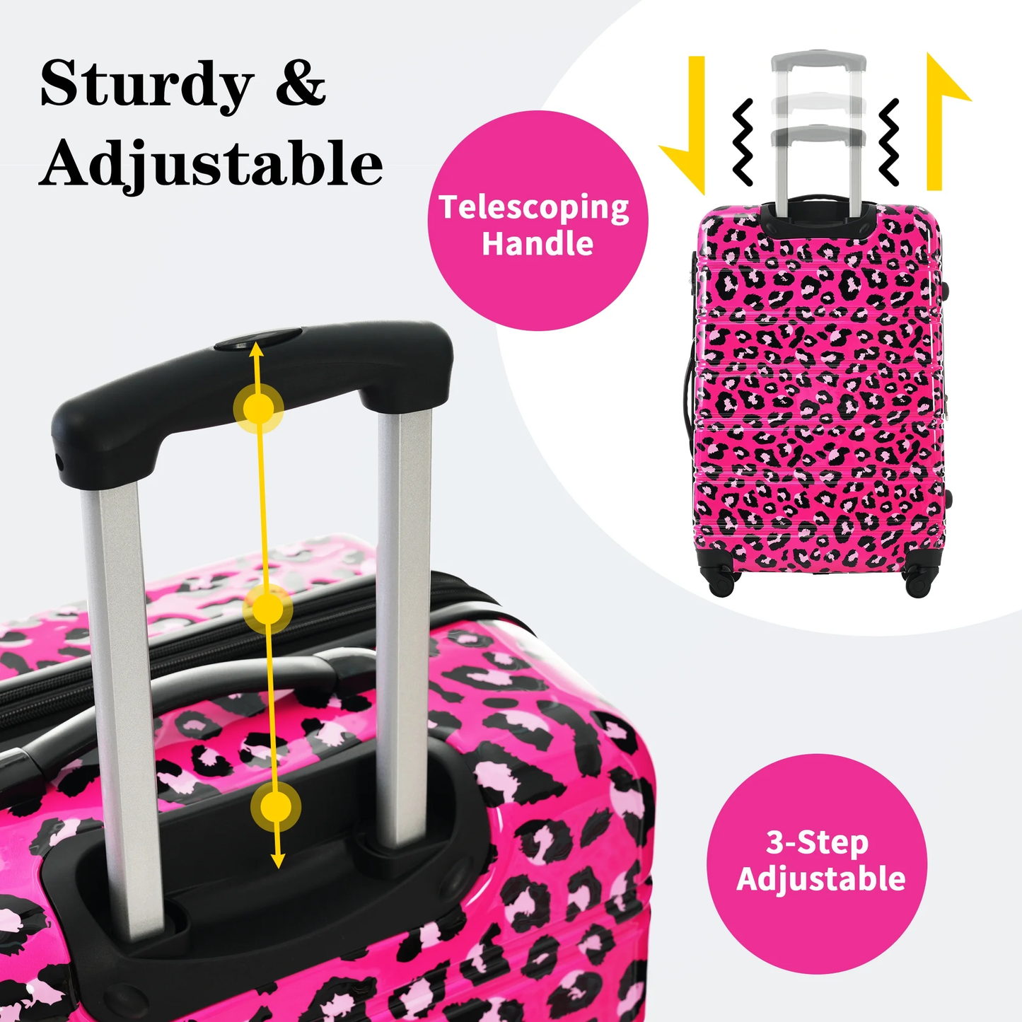 EUROCO 3PCS Luggage Sets(20"/24"/28"),Expandable PC Durable Hardshell Lightweight Suitcase Sets with TSA Lock and 360 Silent Spinner Wheels,Hot Pink Leopard