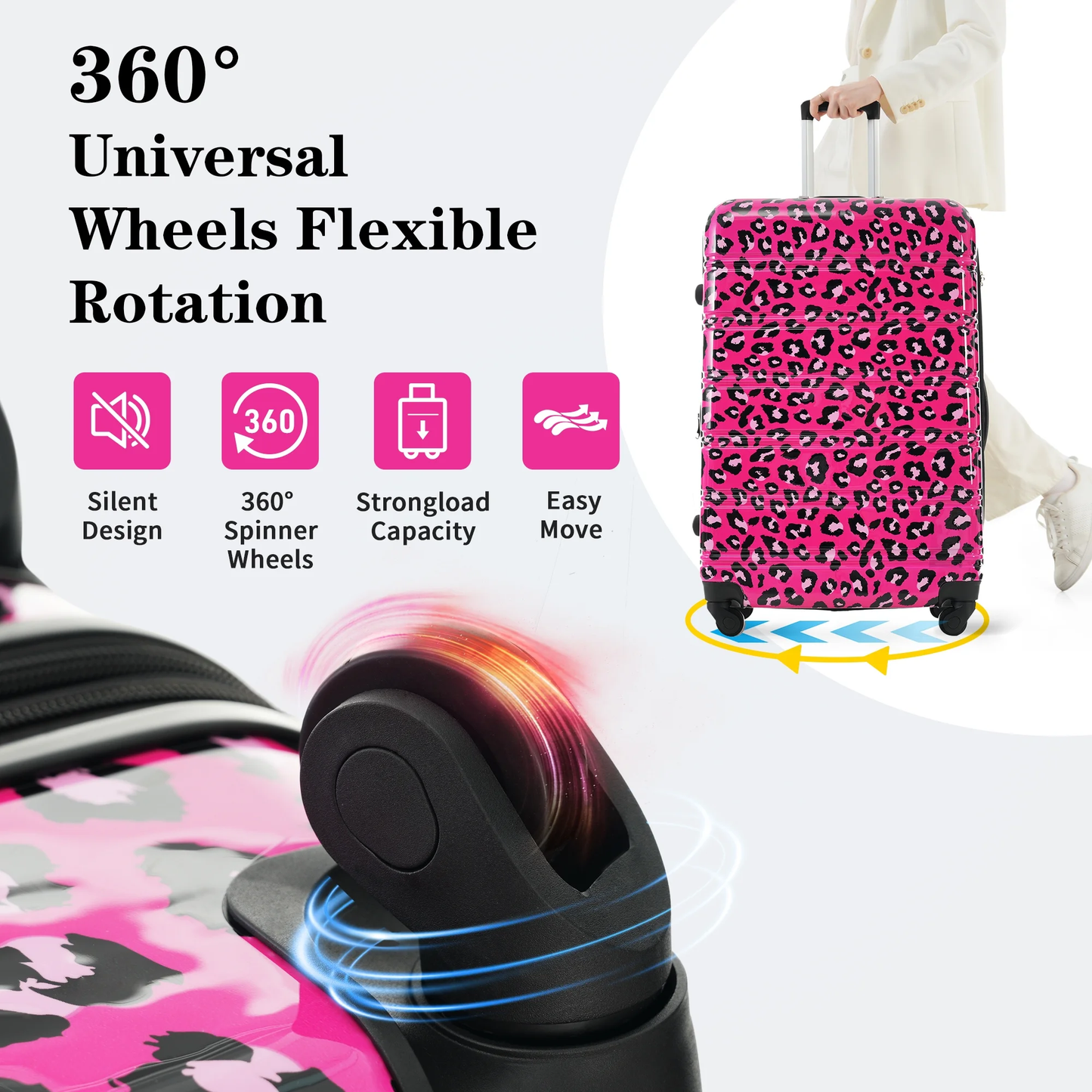 EUROCO 3PCS Luggage Sets(20"/24"/28"),Expandable PC Durable Hardshell Lightweight Suitcase Sets with TSA Lock and 360 Silent Spinner Wheels,Hot Pink Leopard