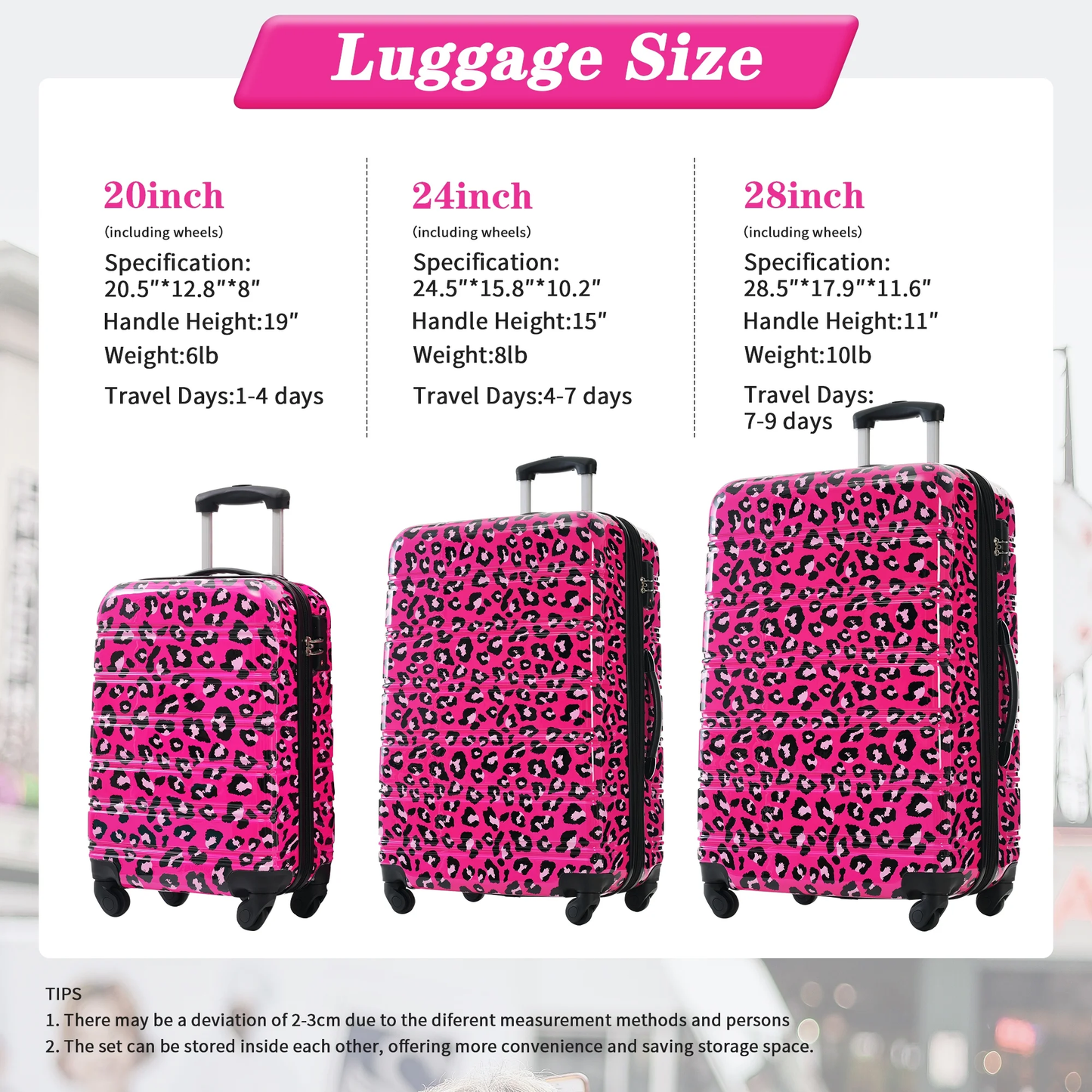 EUROCO 3PCS Luggage Sets(20"/24"/28"),Expandable PC Durable Hardshell Lightweight Suitcase Sets with TSA Lock and 360 Silent Spinner Wheels,Hot Pink Leopard